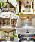 All Weather Outdoor Ceiling Fan With Light For Gazebos And Patios shown in various locations like pergolas and porches.