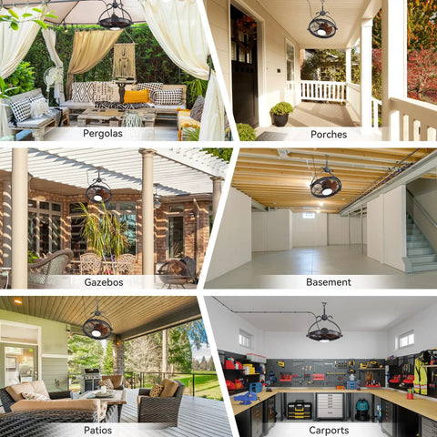 All Weather Outdoor Ceiling Fan With Light For Gazebos And Patios shown in various locations like pergolas and porches.