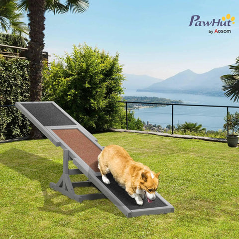 Wooden Dog Agility Seesaw For Training And Exercise, outdoor ready, gray seesaw with a dog walking, in a garden setting