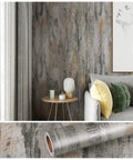 Extra Thick Concrete Wallpaper Peel And Stick Roll 15.7 Inch Wide By 354 Inch Long Waterproof Self Adhesive Cement Texture for Cabinets and Bathrooms with Dope Industrial Distressed Look About 13 Sq Ft Coverage shown on living room wall.