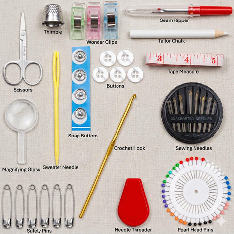 Portable Sewing Kit For Beginners And Kids 142 Piece Travel Set with multicolor thread, needles, scissors, thimble, and clips.