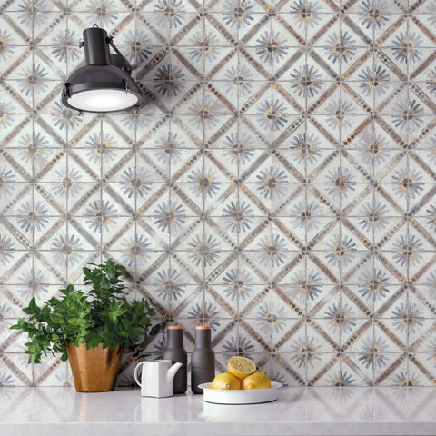 Harmonia Marrakech Blue 13x13 Ceramic Tile For Floor And Wall Use, Glazed With Subtle Texture And Low Sheen, Durable PEI IV Rated displayed on wall