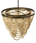 Two Tier Draped Wood Bead Chandelier In Gold Washed Metal With Ivory Beads, 10 Ft Cord And 6 Ft Chain, side view.