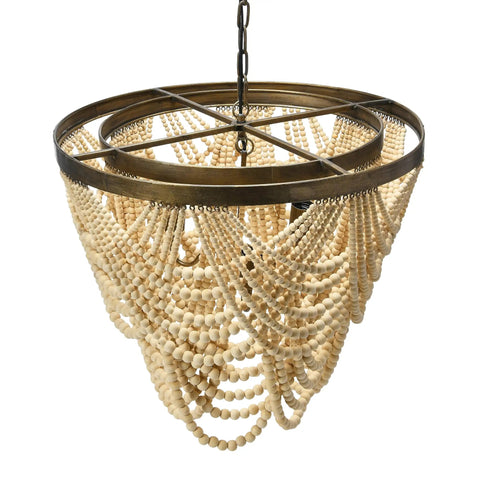 Two Tier Draped Wood Bead Chandelier In Gold Washed Metal With Ivory Beads, 10 Ft Cord And 6 Ft Chain, side view.