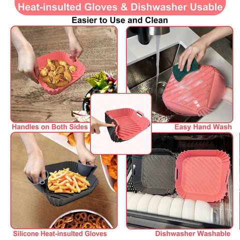 2 Pack 8 Inch Square Air Fryer Silicone Pots With Food Safe, Heat Resistant Silicone Basket Liners, Reusable