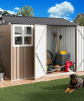 8x6Ft Outdoor Storage Shed With Clear Windows, Lockable Doors, Breathable Vent, And Metal Garden Tool Shed open on patio