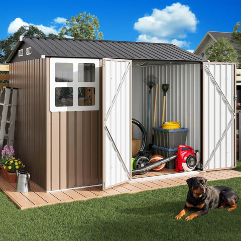 8x6Ft Outdoor Storage Shed With Clear Windows, Lockable Doors, Breathable Vent, And Metal Garden Tool Shed open on patio