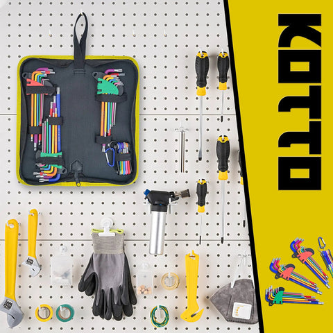 Heavy Duty Hex Key Allen Wrench Set With Metric And Imperial Sizes Torx And Star Bits in storage bag on pegboard