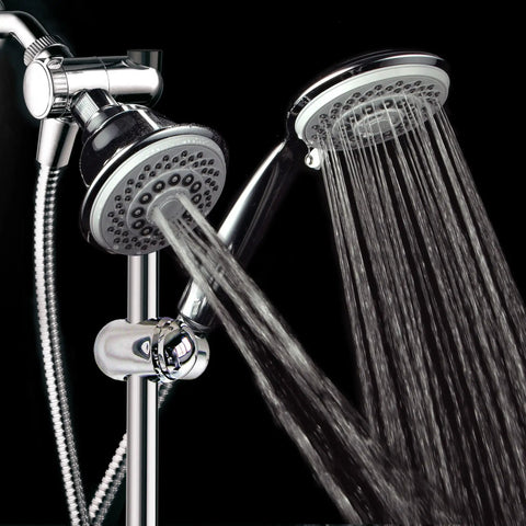 Instant Mount Drill Free Shower Combo With Height And Angle Adjustable 3 Way SpiralFlo Head And Handheld Shower Slide Bar Included 36 Spray Patterns Dual Shower Heads For Easy Spa Upgrade showing dual spray action