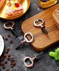 3 of 7 Piece Bulk Metal Bottle Opener Inserts And Blanks For Wood Turning DIY Craft Projects Solid Bronze, displayed on a wooden board.
