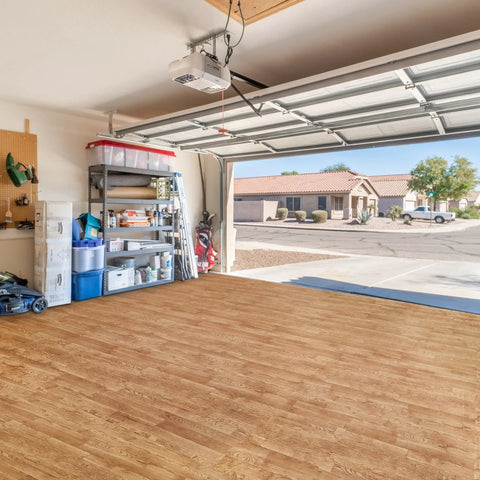 Wood Grain Foam Floor Tiles With Interlocking EVA Puzzle Mats And Borders, Three Eighths Inch Thick, 48 Sq Ft Coverage in garage