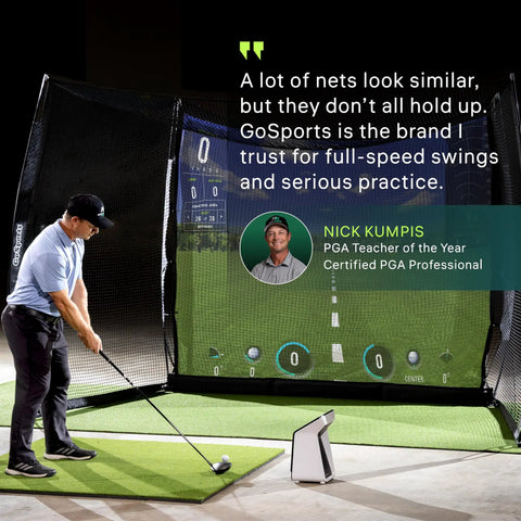 Golfer practicing with Backyard Golf Practice Net Cage 10x8 ft enclosed swing zone, simulator screen, and side netting.