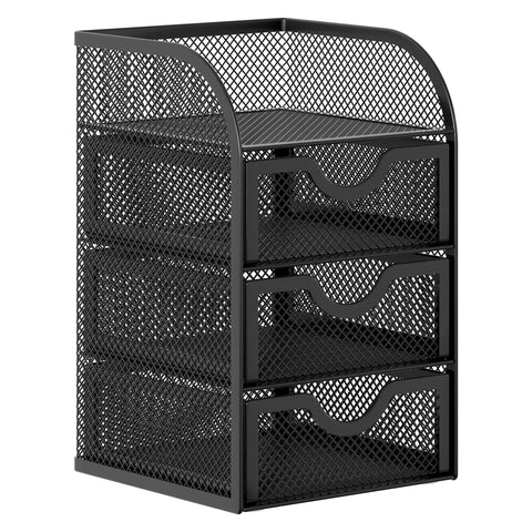 Mesh Desk Organizer With Three Drawers For Office And Home A Must Have Stationery Caddy For Paper Clips Post It Notes Staples And Small Accessories Clear Mesh Storage Keeps Essentials Visible Ideal For Students Black