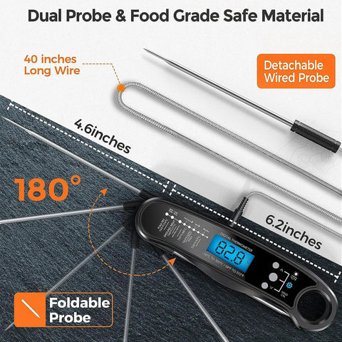 2-In-1 Instant Read Meat Thermometer With Dual Probes, ultra fast digital food thermometer with foldable and detachable probes
