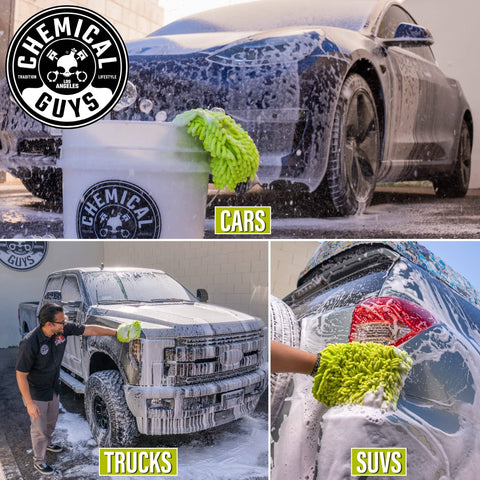 Chenille Premium Scratch-Free Microfiber Wash Mitt For Your Ride Car Cleaning Lime Green Ultra-Soft Glove In Use On Car, Truck, SUV