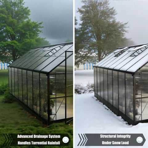 8x16 Ft Aluminum Walk-In Greenhouse With Polycarbonate Panels in heavy rain and snow conditions, showcasing durability and versatility.