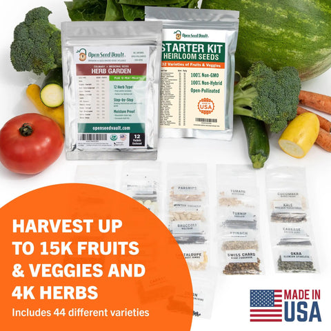 Seed Vault Bundle With 44 Heirloom Seeds For Vegetables Fruits And Herbs Non GMO Garden Kit For Indoor And Outdoor Planting 2026 Season High Yield Produce Backyard Ready For Home Gardeners packets displayed with vegetables and herbs.