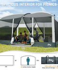 Big 13x9 Screen House Tent With Mesh Gazebo And 2 Magnetic Doors Projection Screen Included Perfect Outdoor Patio Backyard Canopy Shelter For Camping And Hangouts Gray featuring spacious mesh panels, gray color, and picnic setting