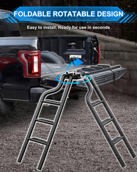 Rotatable Tailgate Ladder For Pickup Trucks, Grab-And-Go Heavy Duty 600 Lb Capacity, Easy Fold Design, Universal Fit For Most Trucks Up To 45 Inch Tailgate Height, Requires 56 Inch Wide Tailgate For Proper Closure, folded aluminum ladder on pickup tailgate