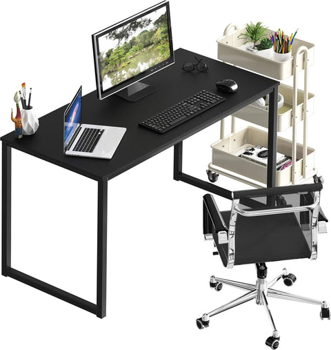 Space Saving 40 Inch Home Office Desk For Computer Setup Black Durable Powder Coated Steel Frame with laptop and chair