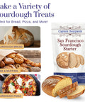 San Francisco Sourdough Starter Culture Kit For Bread Pizza Pancakes And More, packaging with baked bread and pizza
