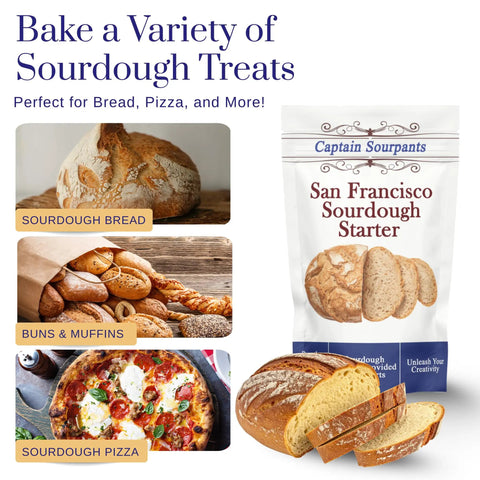 San Francisco Sourdough Starter Culture Kit For Bread Pizza Pancakes And More, packaging with baked bread and pizza