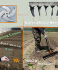 Man using 15 Inch Heavy Duty Thatch Rake with 29 Tines for lawn care, highlighting curved blade design and versatility in garden