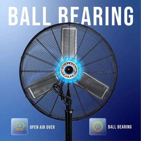 Front view of Beefy High Velocity 30 Inch Pedestal Fan, metal blades and ball bearing, ideal for industrial spaces and large rooms.