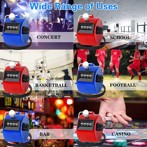 Slick 2 Pack Handheld Tally Clicker Counter in red and blue for concert, school, basketball, football, bar, and casino uses.