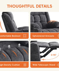 Comfy Power Swivel Rocker Recliner With Massage And Heat For Adults USB And Type C Ports Infinite Position Electric Glider Reclining Chair For Living Room Dark Gray showing detailed upholstery and reclining features
