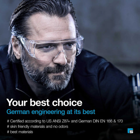 Man wearing 12 Pack Clear Safety Glasses With Reinforced Side Shields Anti Fog Anti Scratch Anti Glare Adjustable Temples Protective Eyewear