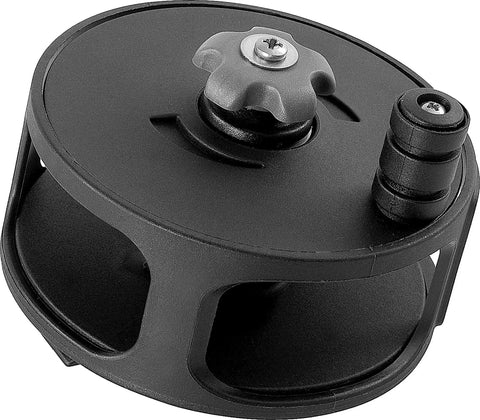 Black spearfishing reel with 130 ft line for serious big fish hunts durable non corrosive plastic dovetail mount side view.