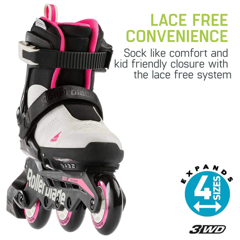 Kid's Adjustable Inline Skates With Lace-Free Closure, Black And Pink, Microblade 3WD Shell For Perfect Balance, Four-Size Fit.