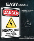 Heavy Duty High Voltage Danger Sign 7X10 Reflective Aluminum Plate 2 Pack Rust Resistant Electrical Warning Labels Industrial Grade Built Tough As Nails Zero Hassle Setup mounted on wall with pre-drilled holes for easy installation.