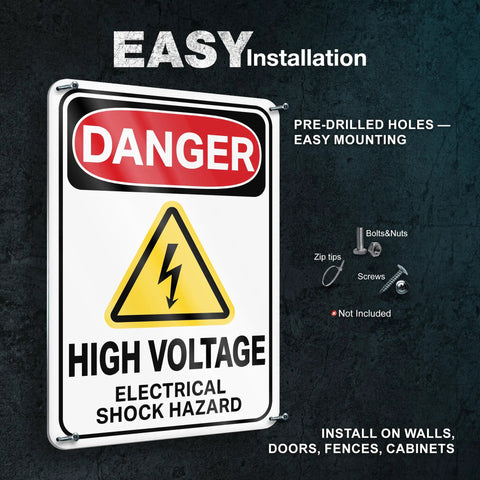 Heavy Duty High Voltage Danger Sign 7X10 Reflective Aluminum Plate 2 Pack Rust Resistant Electrical Warning Labels Industrial Grade Built Tough As Nails Zero Hassle Setup mounted on wall with pre-drilled holes for easy installation.