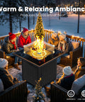 People gathered around 28 Inch Rattan Square Outdoor Gas Fire Pit Table With Glass Wind Guard And Tempered Glass Top Includes Lid 50,000 BTU CSA Listed Weatherproof Wicker On Stainless Steel Frame Black Backyard Patio Deck Garden, providing warm and relaxing ambiance.