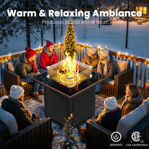 People gathered around 28 Inch Rattan Square Outdoor Gas Fire Pit Table With Glass Wind Guard And Tempered Glass Top Includes Lid 50,000 BTU CSA Listed Weatherproof Wicker On Stainless Steel Frame Black Backyard Patio Deck Garden, providing warm and relaxing ambiance.