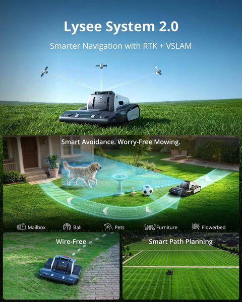 One Plus Robotic Lawn Mower With Wire Free RTK And Vision Navigation, 1.73 Acre Daily Coverage in action on the lawn with obstacles.