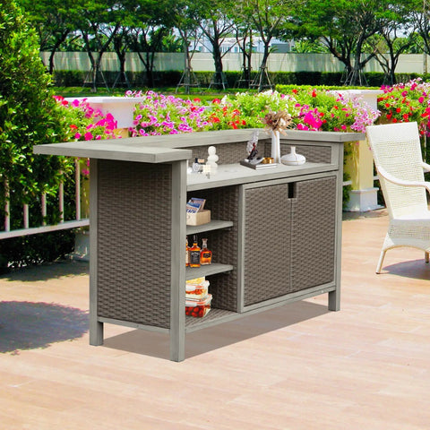 Outdoor Patio Bar Table With Aluminum Frame And PE Wicker Bar Cart Cabinet All Weather Storage in garden setting