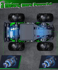 Top view of All Terrain Remote Control Off Road Truck For Kids 1 To 20 Scale, showing dual motors and wide tread tires