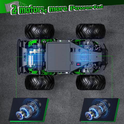 Top view of All Terrain Remote Control Off Road Truck For Kids 1 To 20 Scale, showing dual motors and wide tread tires