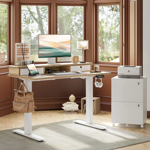 Electric Sit-Stand Standing Desk With Two Drawers, Adjustable Height From 28.3 To 47.2 Inches, 48 By 24 Maple Top in home office