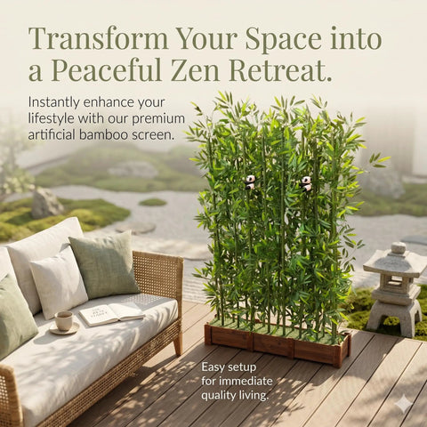 Ultra Private Bamboo Privacy Screen With Solid Wood Base Thick Faux Stalks And Panda Decor UV Resistant Tall Fake Plant