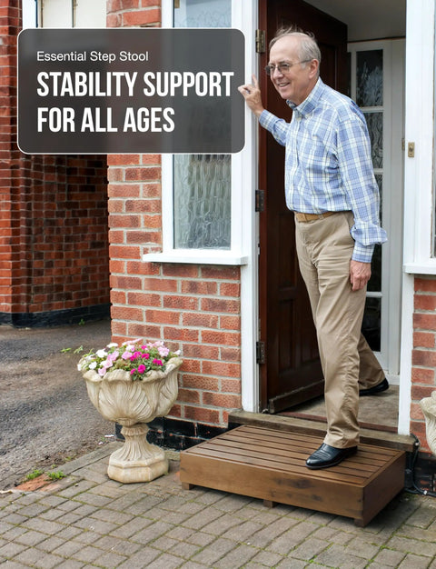 Six Point Five Inch One Step Stool For Seniors And Adults With Walnut Wood Finish in use outdoors by a man at entryway.