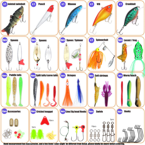 130Piece Pro Fishing Lures Kit With Tackle Box For Bass Anglers Includes Crankbaits Spinnerbaits Soft Plastics Topwater Lures Jigs Spoons Paddle Tail Swimbaits Hooks Saltwater And Freshwater displayed with various lure types and accessories.
