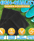 10 Pack Non Mesh Solid Travel Shoe Bags set on grass with blue sneakers and waterproof features highlighted
