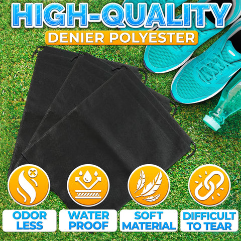 10 Pack Non Mesh Solid Travel Shoe Bags set on grass with blue sneakers and waterproof features highlighted