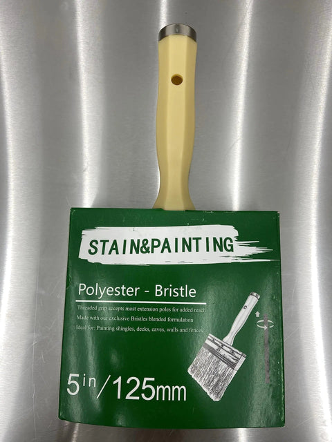 Pro Grade Deck Fence And Siding Staining Brush With Load Handler, 5-inch, polyester bristle, on metallic surface.