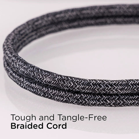 Close-up of black dark heather braided cord from Three Outlet Power Strip With Eighteen Inch Braided Extension Cord Grounded