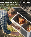 82 Inch Wooden Chicken Coop For 2 To 3 Hens Backyard Hen House With Nesting Box Pull On Tray Ramp And Roosting Bars Large Run Space All Weather Roof And Easy Clean Design In Gray, man collecting eggs